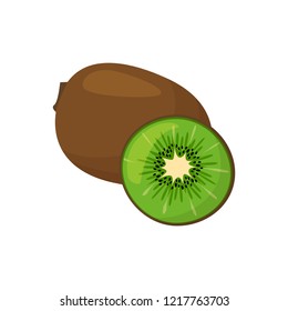 kiwi isolated on white background. Bright vector illustration of colorful half and whole of juicy kiwi. Fresh cartoon