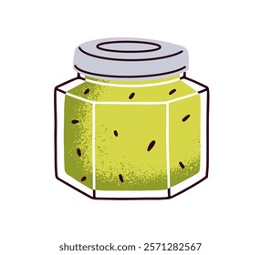 Kiwi jam canned in glass jar. Sweet exotic fruit preserve. Confiture, summer homemade marmalade spread, natural treat sealed with lid. Flat graphic vector illustration isolated on white background