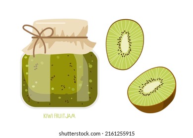 Kiwi Jam In Glass Jar And Fresh Kiwi Fruit. Canned Fig Fruits. Jam In Jars. Homemade Preparations And Canning. Fruit Conservation Vector Illustration. Farmer Market Branding. Organic Food Template.