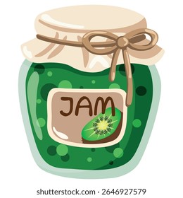 Kiwi engarrafamento em um frasco de vidro em um fundo branco. Engarrafamento de Berry. Sobremesa de frutas. Desenho vetorial feito à mão.