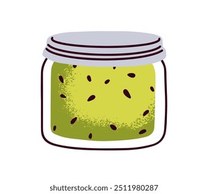 Mermelada de kiwi en tarro de cristal. Conserva de fruta dulce, confitura de kiwi natural casera, mermelada de azúcar conservada en conserva con semillas, postre de verano. Ilustración vectorial plana aislada sobre fondo blanco