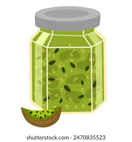 Kiwi jam. Homemade marmalade, jelly preserve. Berry confiture. Natural dessert, sweet food. Flat vector illustration isolated on white background