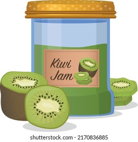 Kiwi jam in a jar. Kiwi confiture. Vector food illustration in cartoon style. Breakfast. Vector illustration