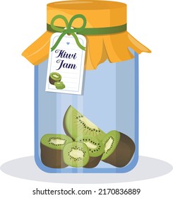 Kiwi jam in a jar. Kiwi confiture. Vector food illustration in cartoon flat style. Breakfast. Vector illustration