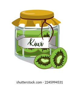Kiwi jam jar cute vector illustration. Vintage glass container with jelly and berry label. Cute vector illustration for printing on textiles and paper