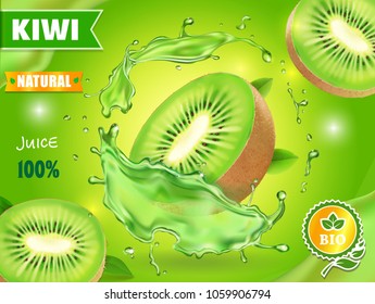 Kiwi juice advertising. Fruit in juice splash package design