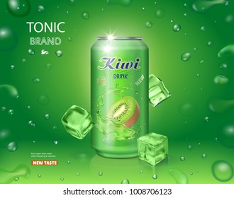 Kiwi juice in an aluminium can. . Sweet kiwifruit tonic advertising. 3d realistic package design