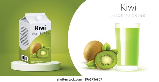 Kiwi Juice Drink Carton Mockup In 3d Illustration. Plastic Juice Bottle Brand Concept Isolated. Bottle Label, Package Template Design, Label Design, Mock Up Design Label Template