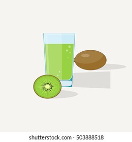Kiwi juice flat illustration. Half and whole green kiwi with glass of juice.