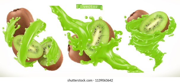 Kiwi juice. Fresh fruit 3d realistic vector icon