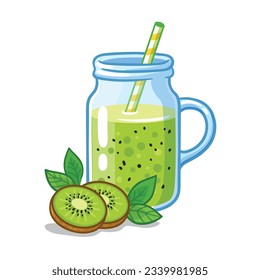 Kiwi juice in a jar with a straw stands on a white background. Vector illustration with kiwi fruit smoothie in cartoon style.
