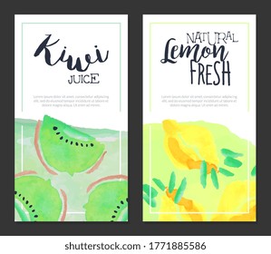 Kiwi Juice, Natural Lemon Fresh Banner Template Set, Sweet Tropical Fruits Drink Labels, Watercolor Vertical Hand Drawn Vector Illustration