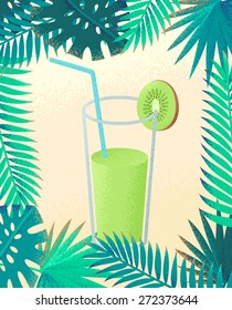Kiwi juice with palm leaves frame. Retro vector illustration