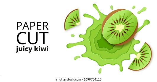 Kiwi juice splashes and drops in a paper cut style. Kiwi slices and paper slices. Isolated on white background vector illustration. Vector paper cut poster, banner, design template. Origami art.