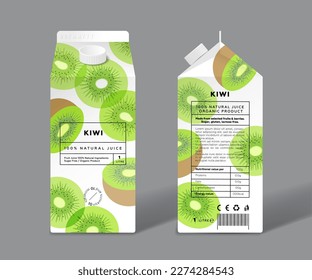 Kiwi juice. Template packaging design. Halves and slices transparent fruits.