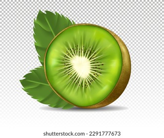 Kiwi con hoja. Media fruta con hojas en el espacio de copias. Vegetarismo y dieta, nutrición correcta. Símbolo de la temporada de verano. Ilustración vectorial 3D realista aislada en un fondo transparente