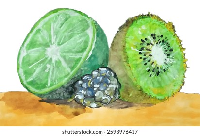 Kiwi, lime, blackberry, watercolor vector drawing