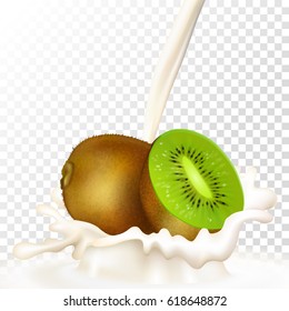 Kiwi with milk, fruit milkshake. Realistic kiwi and milk splashes on a transparent background. Vector.