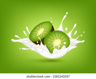 Kiwi milk yogurt splashing isolated on green background. Health concept. Realistic 3d vector illustration. Can used for product design advertising beverage and food products.