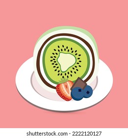 Kiwi mochi fruit with cream and chocolate, strawberry, and blueberry