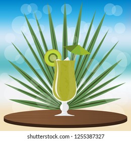 Kiwi Mojito on wooden classic  tray , on blurred background with bokeh vector illustration for web and print, invitation and menus for bar