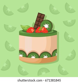 Kiwi mousse delicious cake. Sweet dessert cherry blackberry flavors Vector illustration