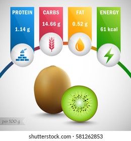 Kiwi nutrients vector. Protein, carbs, fat, energy