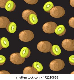 Kiwi on a black background. Bright fruit seamless pattern. Vector illustration.