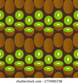 Kiwi on a brown background. Seamless pattern of whole and sliced kiwi fruit. Vector illustration