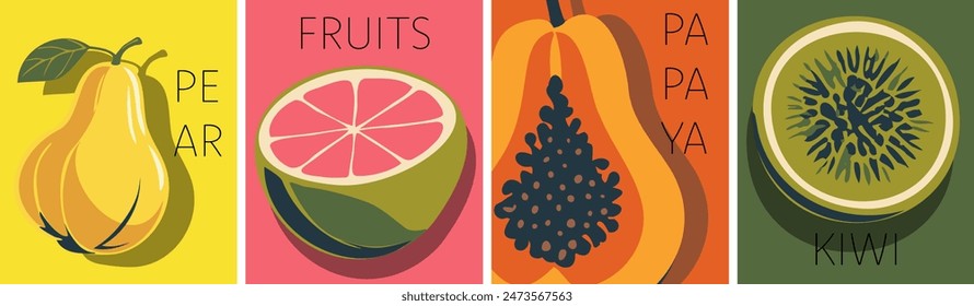 Los frutos de kiwi, papaya, pera y lima se representan artísticamente en una ilustración plana geométrica minimalista de Vector. Estas frutas y bayas abstractas, veraniegas, tropicales son ideales para carteles, etiquetas