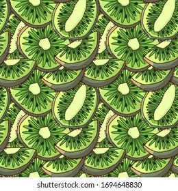 Kiwi Stücke auf transparentem Hintergrund. Exotisches nahtloses Muster für Tapeten, Wickelpapier, Schläfer, Badeziegel, Bekleidung oder Bettwäsche. Telefongehäuse oder Stoffdruck. Stockillustration für Vektorillustrationen im gezeichneten Stil