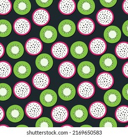 Kiwi and pitaya seamless pattern. Exotic fruits isolated on dark backdrop. Scandinavian hand drawn style. Tropical flat doodle. Fresh food illustration for fabric, wallpaper, wrapping paper, package