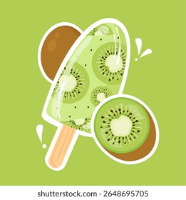Kiwi popsicle with white outline. Ice lolly. Food cartoon. Sweet ice cream illustration. Can be used for wallpaper, print, and sticker