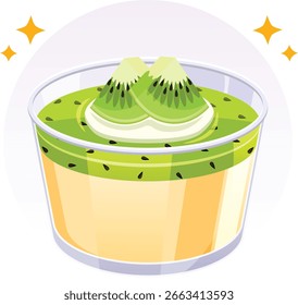Kiwi Pudding with Cream and Fruit Toppings - Dessert Vector Illustration