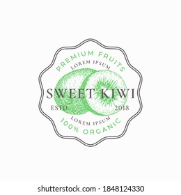 Kiwi Purveyors Frame Badge or Logo Template. Hand Drawn Fruits Sketch with Retro Typography and Borders. Vintage Premium Emblem. Isolated.
