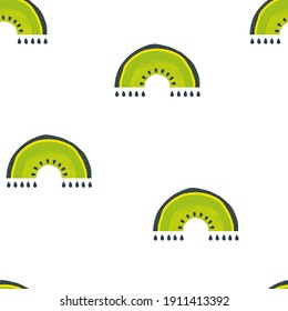 Kiwi rainbow seamless vector pattern. Fruity green arch nursery illustration. Juicy Summer baby backdrop design for fabric apparel print