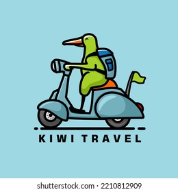 Kiwi riding scooter cartoon mascot logo, flat design style