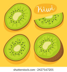 Kiwi. Ripe kiwi fruit, half and slices. Tropical fruits. Fresh, ripe fruit.