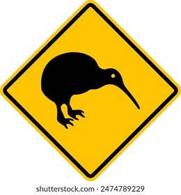 Señal de Kiwi. El hábitat del kiwi. Ten cuidado de no golpear al pájaro kiwi. Nueva especie de aves de Zelanda. Señal de carretera Diamond. Señal de tráfico de Rhombus. Señal amarilla de advertencia.