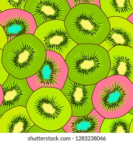 Kiwi seamless pattern. Endless ornament with kiwifruit in cut. Slice of kiwi fruit. Multicolored slice of kiwi fruit. Bright color background with fruit. Pink, yellow and blue slice of kiwi.