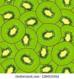 Kiwi seamless pattern. Endless ornament with kiwifruit in cut. Green slice of kiwi fruit. Bright color background with fruit.