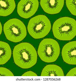 Kiwi seamless pattern. Endless ornament with kiwifruit in cut on the dark green background. Green slice of kiwi fruit. Bright color background with fruit.