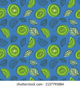 Kiwi seamless pattern. Hand drawn fresh tropical fruit. Multicolored vector sketch background. Colorful doodle wallpaper. Green and blue print