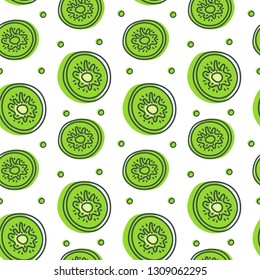 Kiwi seamless pattern. Hand drawn fresh tropical fruit. Vector sketch background. Doodle wallpaper. Green exotic print