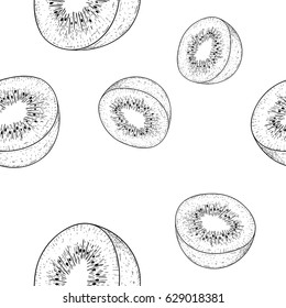 Kiwi seamless pattern. Outline hand drawn sketch. Vector illustration isolated on white background