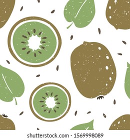 Kiwi seamless pattern. Ripe kiwi and leaves on white background. Can be used for wallpaper, fabric, wrapping paper or decoration. Vector hand drawn illustration