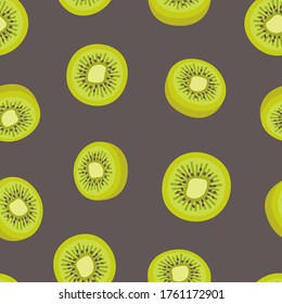 Kiwi seamless pattern. Sliced fruit pieces on dark brown background. Fresh summer vector illustration.