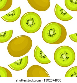 kiwi Seamless pattern and slices. fruit summer on white background. Elements for menu. Vector illustration.