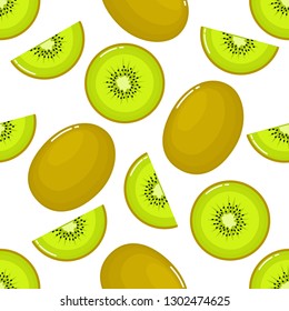 kiwi Seamless pattern and slices. fruit summer on white background. Elements for menu. Vector illustration.