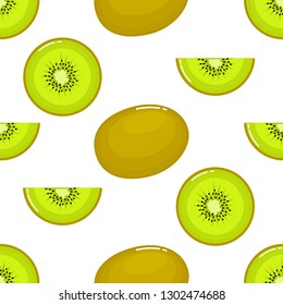 kiwi Seamless pattern and slices. fruit summer on white background. Elements for menu. Vector illustration.